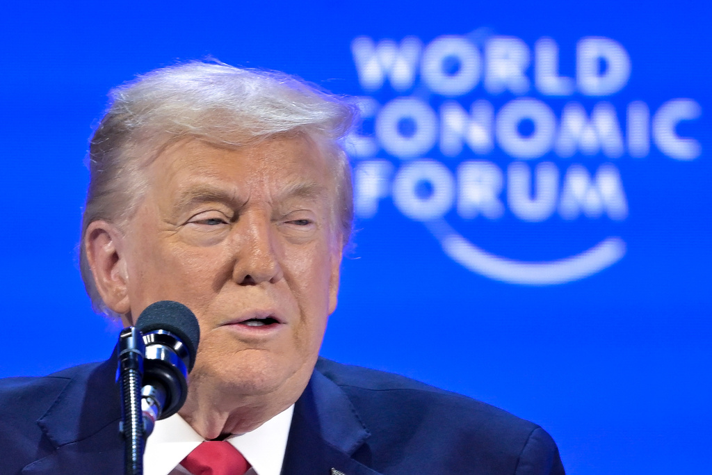 President Donald Trump speaks during the 56th annual meeting of the World Economic Forum, WEF, in Davos, Switzerland, Wednesday, Jan. 21, 2026. (Gian Ehrenzeller/Keystone via AP)