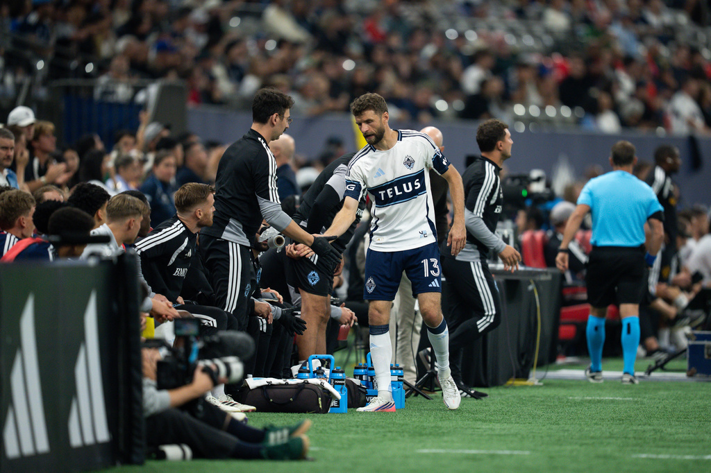 Vancouver Whitecaps' Thomas Muller (13) is subbed off during the first half of an MLS soccer match against Los Angeles Galaxy in Vancouver on Wednesday, Sept. 9, 2026. (Ethan Cairns/The Canadian Press via AP)