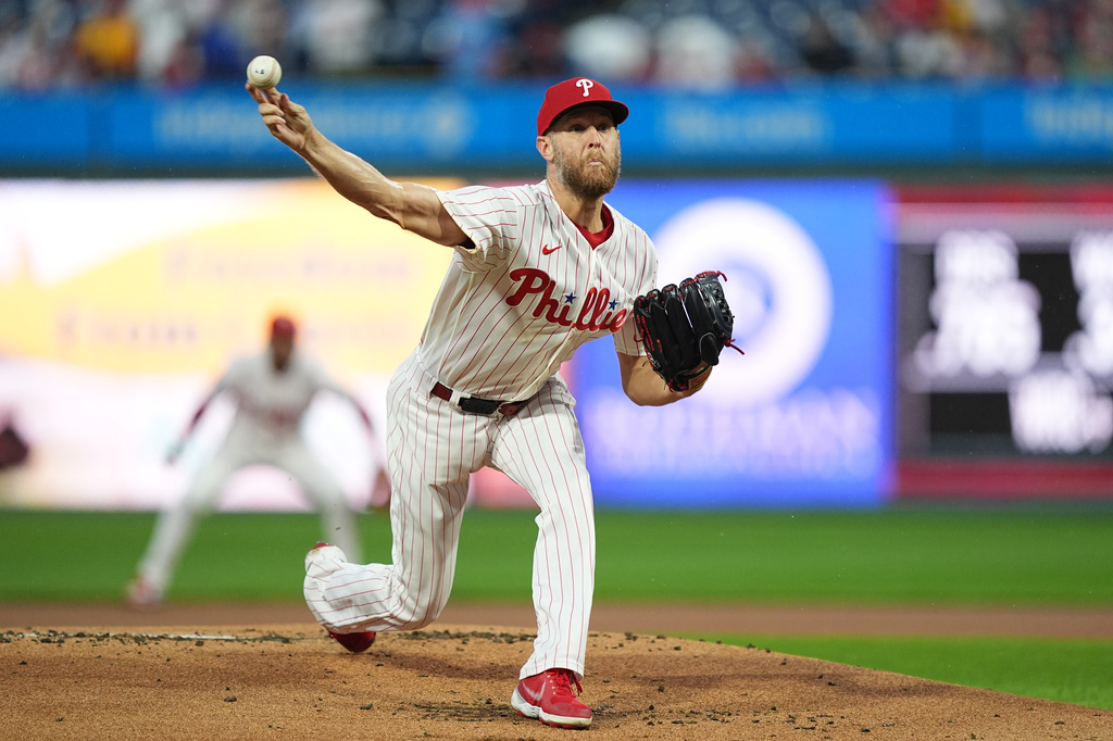 Philadelphia Phillies' Zack Wheeler pitches during the first inning of a baseball game against the Milwaukee Brewers, Tuesday, Sept. 22, 2026, in Philadelphia. (AP Photo/Matt Rourke)