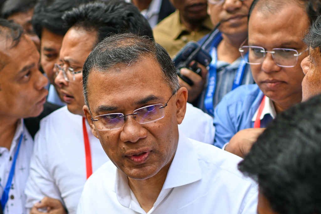 Bangladesh Nationalist Party Chairperson Tarique Rahman talks to media after casting his vote during the national parliamentary elections in Dhaka, Bangladesh, Thursday, Feb. 12, 2026. (AP Photo/Mahmud Hossain Opu)