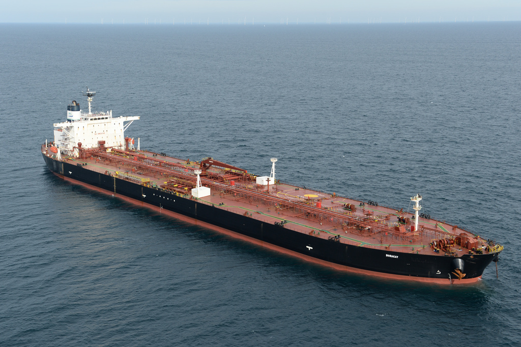 The tanker Boracay that allegedly belongs to Russia's so-called shadow fleet, is seen Thursday, Oct. 2, 2025, off Saint-Nazaire, France's Atlantic coast. (AP Photo/Mathieu Pattier)