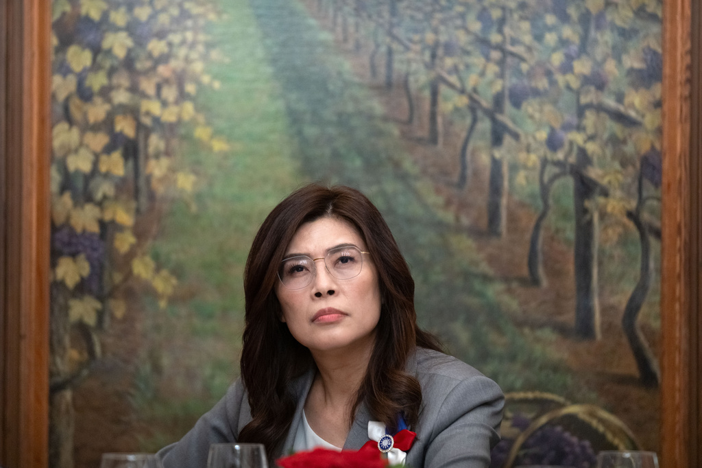 Cheng Li-wun, the chairperson of Taiwan's main opposition Nationalist Party, or Kuomintang (KMT), speaks with reporters during a news conference on Friday, June 12, 2026, in Washington. (AP Photo/Mark Schiefelbein)