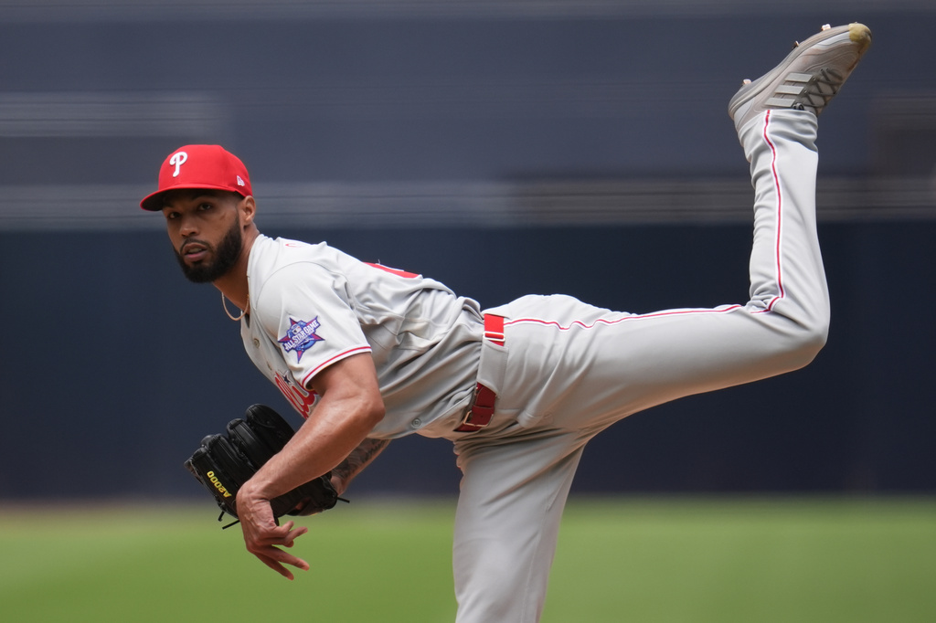 Philadelphia Phillies starting pitcher Cristopher Sánchez works against a San Diego Padres batter during the first inning of a baseball game Wednesday, May 27, 2026, in San Diego. (AP Photo/Gregory Bull)