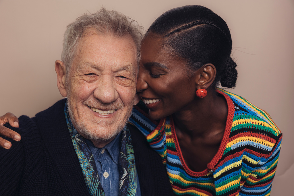 Actors Ian McKellen, left, and Michaela Coel poses for a portrait to promote "The Christophers" on Thursday, April 9, 2026, in New York. (Photo by Victoria Will/Invision/AP)