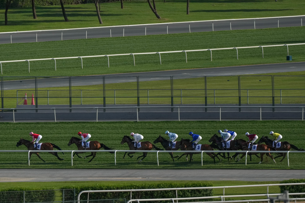 Horses gallop as they compete in Dubai Gold Cup at Meydan Racecourse in Dubai, the United Arab Emirates, Saturday, March 28, 2026. (AP Photo/Altaf Qadri)