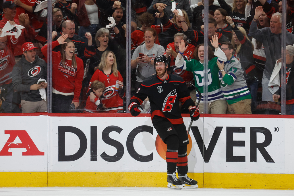 Carolina Hurricanes' Andrei Svechnikov (37) celebrates after his goal during the third period in Game 5 of the NHL hockey Stanley Cup Final series against the Vegas Golden Knights in Raleigh, N.C., Thursday, June 11, 2026. (AP Photo/Karl DeBlaker)