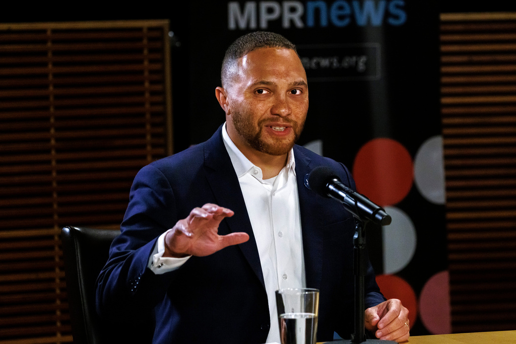 Mayoral candidate Jazz Hampton speaks during a debate at Minnesota Public Radio headquarters in St. Paul, Minn., on Monday, Oct. 27, 2025. (Kerem Yücel/Minnesota Public Radio via AP)