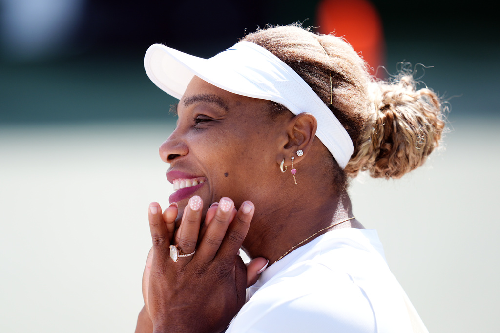 Serena Williams of the U.S. reacts during a practice session, ahead of the Wimbledon Tennis Championships, at the All England Lawn Tennis and Croquet Club, in London, Saturday June 27, 2026. (John Walton/PA via AP)