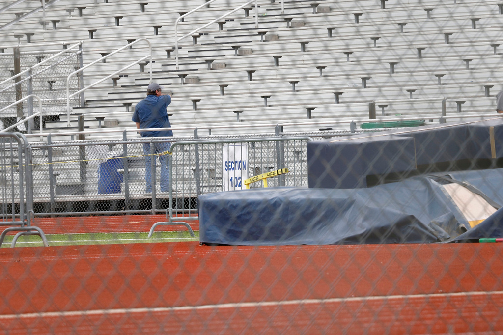 FILE - David Kuykendall Stadium's stands are seen on April 2, 2025, in Frisco, Texas, after the District 11-5A track meet that was being held there was postponed after a Frisco Memorial athlete was stabbed and killed. (Chitose Suzuki/The Dallas Morning News via AP, File)