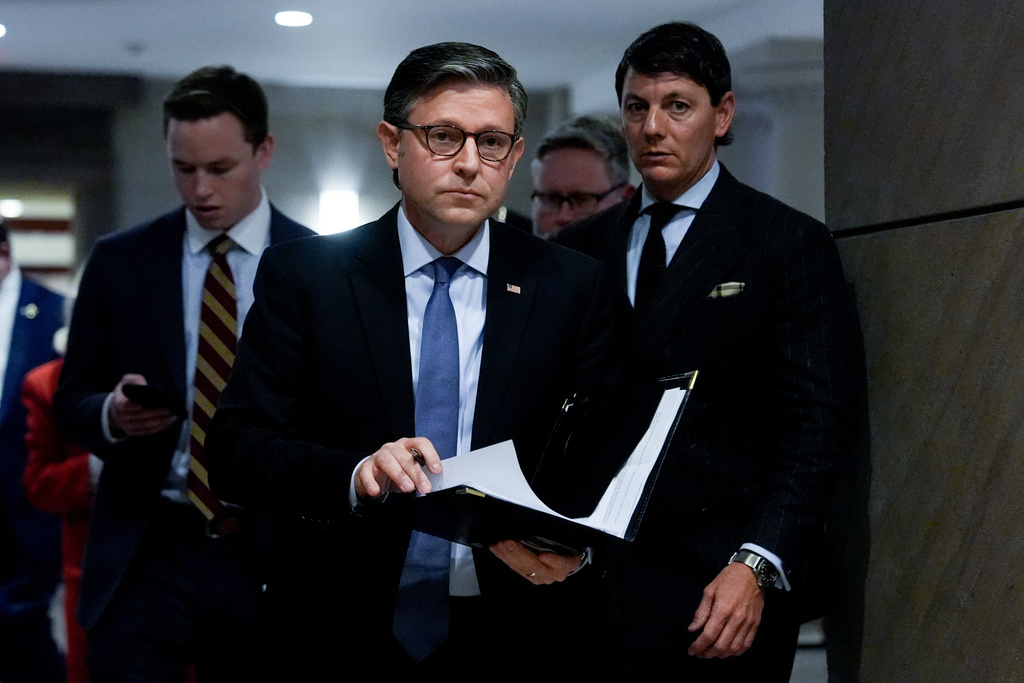 Speaker of the House Mike Johnson, R-La., departs a briefing on military strikes near Venezuela, Tuesday, Dec. 16, 2025, at the Capitol in Washington. (AP Photo/Julia Demaree Nikhinson)