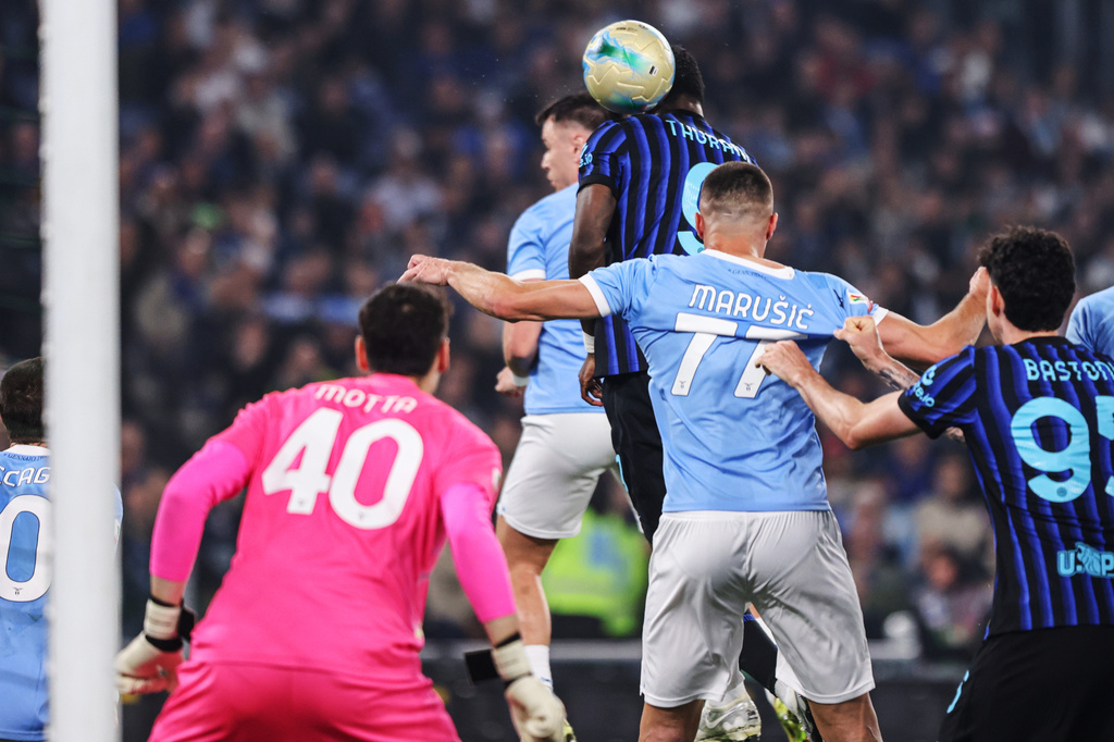 Inter's Marcus Thuram scores during the Italian Cup soccer final between Lazio and Inter Milan, in Rome, Wednesday, May 13, 2026. (Stefano Nicoli/LaPresse via AP)