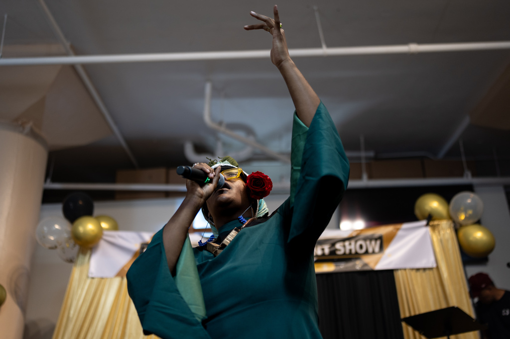 Deoujahne Darc performs during Skid Row's first annual talent show in downtown Los Angeles, Saturday, Sept. 19, 2026. (AP Photo/Jae C. Hong)
