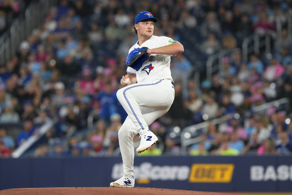 Toronto Blue Jays pitcher Trey Yesavage winds up to deliver against the Los Angeles Angels during first-inning baseball game action in Toronto, Saturday, May 9, 2026. (Chris Young/The Canadian Press via AP)