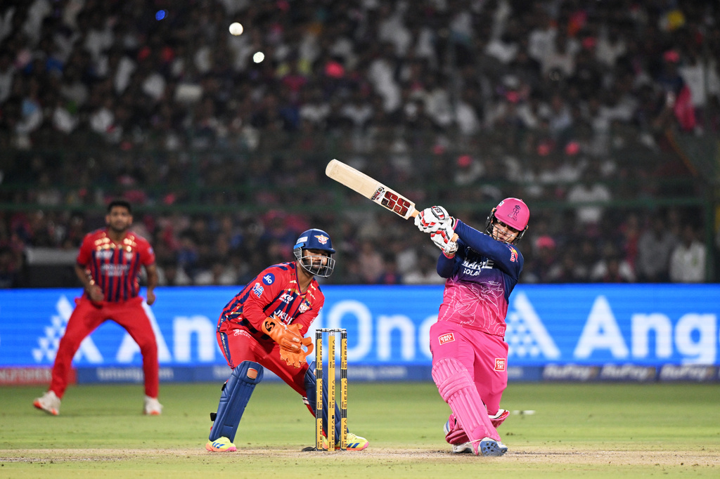 Rajasthan Royals' Vaibhav Sooryavanshi plays a shot during the Indian Premier League cricket match between Lucknow Super Giants and Rajasthan Royals in Jaipur, India, Tuesday, May 19, 2026. (AP Photo)