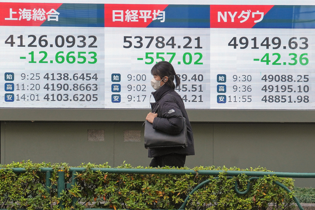 A person walks in front of an electronic stock board showing Shanghai, Japan's Nikkei and New York Dow indexes at a securities firm Thursday, Jan. 15, 2026, in Tokyo. (AP Photo/Eugene Hoshiko)