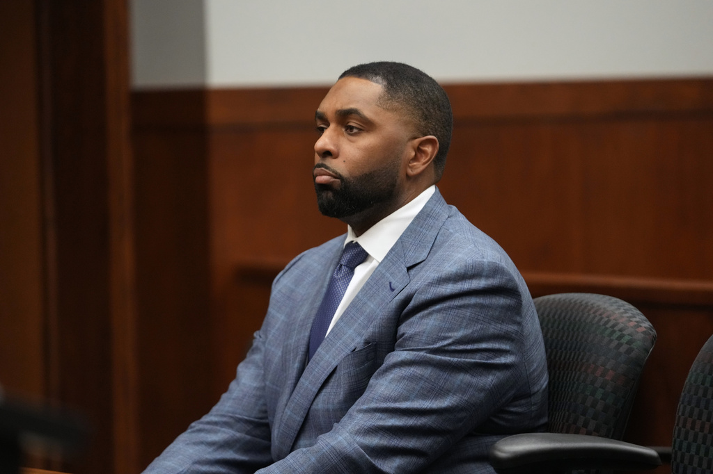 Former Michigan football coach Sherrone Moore appears in court, Tuesday, April 14, 2026, in Ann Arbor, Mich. (AP Photo/Paul Sancya)