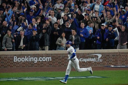 Chicago Cubs' Ian Happ (8) runs the bases after hitting a 3-run home run during the first inning of Game 4 of baseball's National League Division Series against the Milwaukee Brewers Thursday, Oct. 9, 2025, in Chicago. (AP Photo/Erin Hooley) Chicago Cubs' Ian Happ (8) runs the bases after hitting a 3-run home run during the first inning of Game 4 of baseball's National League Division Series against the Milwaukee Brewers Thursday, Oct. 9, 2025, in Chicago. (AP Photo/Erin Hooley)