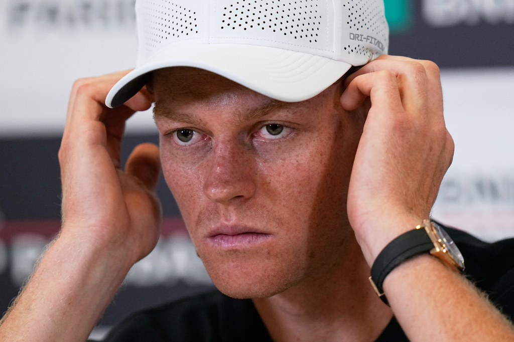 Jannik Sinner, of Italy, listens to a reporters' question during a press conference at the Italian Open at the Foro Italico in Rome, Thursday, May 7, 2026. (AP Photo/Alessandra Tarantino)