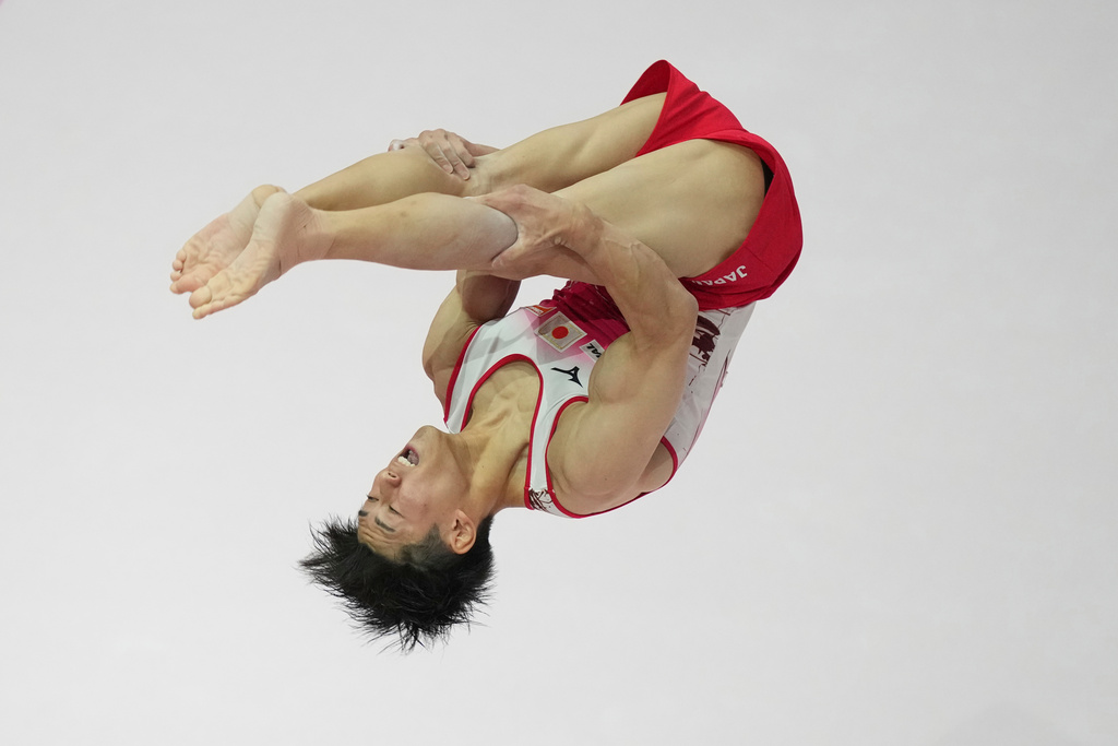 Daiki Hashimoto of Japan competes in the Men's All-Around Final during the 53rd Artistic Gymnastics World Championships in Jakarta, Indonesia, Wednesday, Oct. 22, 2025. (AP Photo/Tatan Syuflana)