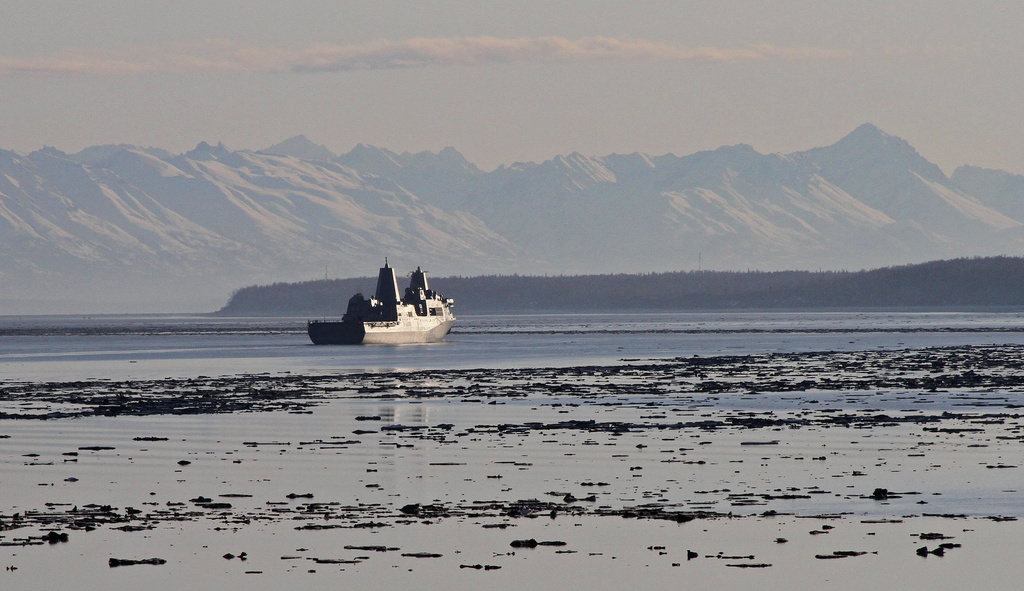 FILE - The USS Anchorage, an amphibious transport dock, makes its way up Alaska's Cook Inlet on Wednesday, May 1, 2013. (AP Photo/Mark Thiessen, file)