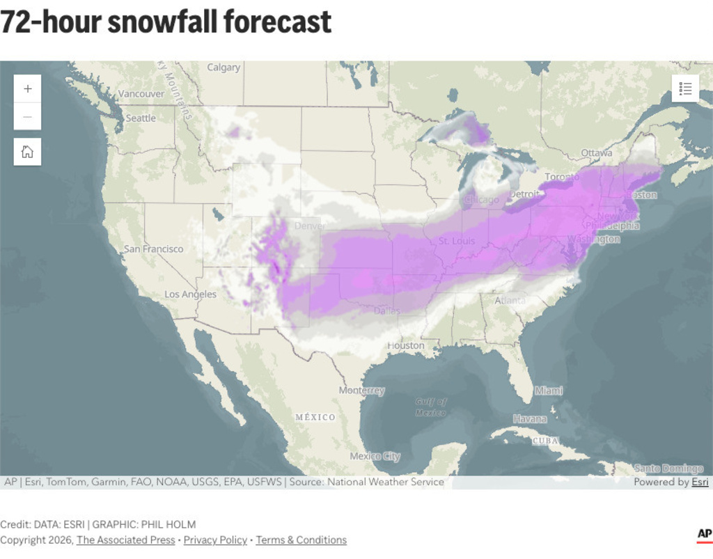 The map above is an image preview from the 72-hour snowfall forecast tracker for the U.S. on Jan 23, 2026 at 3 p.m. (AP Digital Embed)