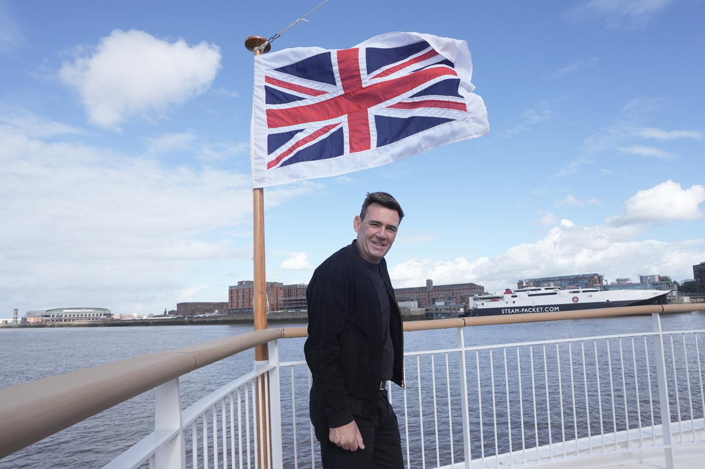 Britain's Prime Minister Andy Burnham on the new Royal Daffodil Ferry, ahead of the Labour Party Conference at the ACC Liverpool, in Liverpool, England, Saturday, Sept. 26, 2026. (Stefan Rousseau/PA via AP)