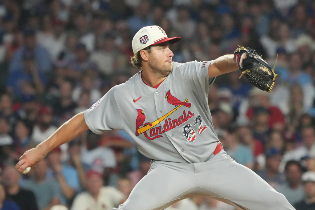 St. Louis Cardinals pitcher Kyle Leahy throws against the Chicago Cubs during the first inning of a baseball game Saturday, July 4, 2026, in Chicago. (AP Photo/David Banks)