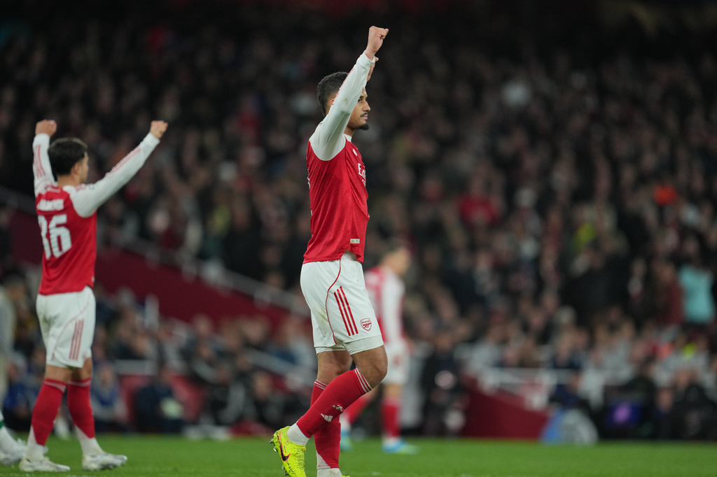 Arsenal's Martin Zubimendi, left, and William Saliba the UEFA Champions League second leg quarterfinal soccer match between Arsenal and Sporting in London, England, Wednesday, April 15, 2026. (AP Photo/Kin Cheung)