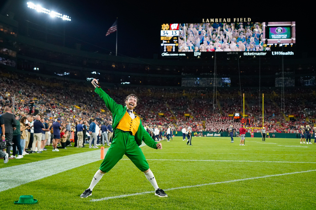 The Fighting Irish Leprechaun performs for the crowd during the second half of an NCAA college football game against Wisconsin Sunday, Sept. 6, 2026, in Green Bay, Wis. (AP Photo/Kayla Wolf)