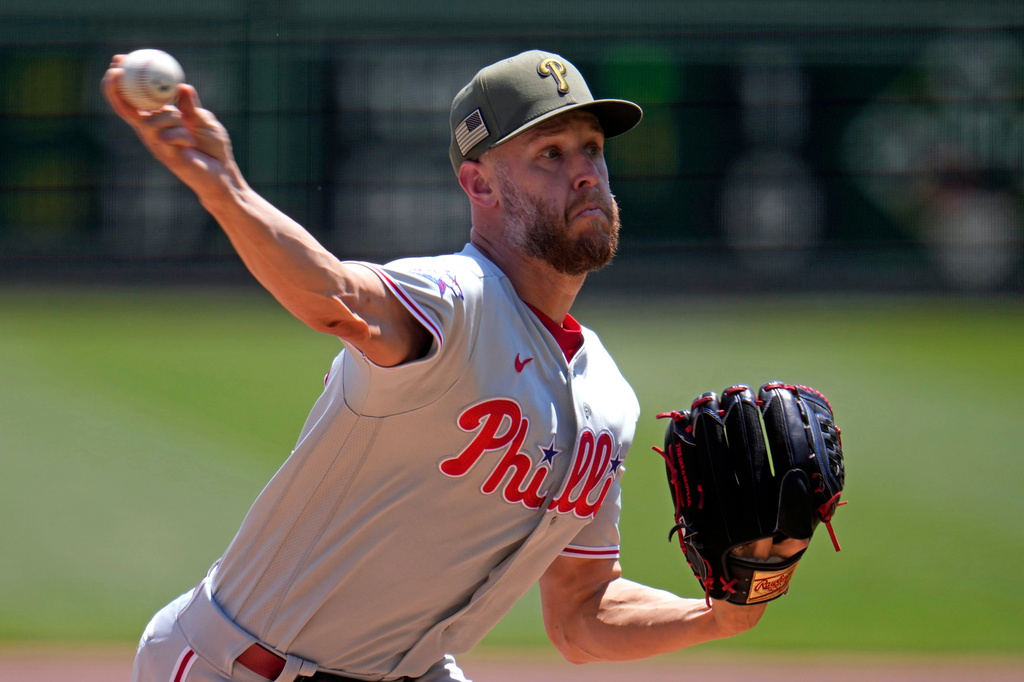 Philadelphia Phillies pitcher Zack Wheeler delivers during the first inning of a baseball game against the Pittsburgh Pirates in Pittsburgh, Sunday, May 17, 2026. (AP Photo/Gene J. Puskar)