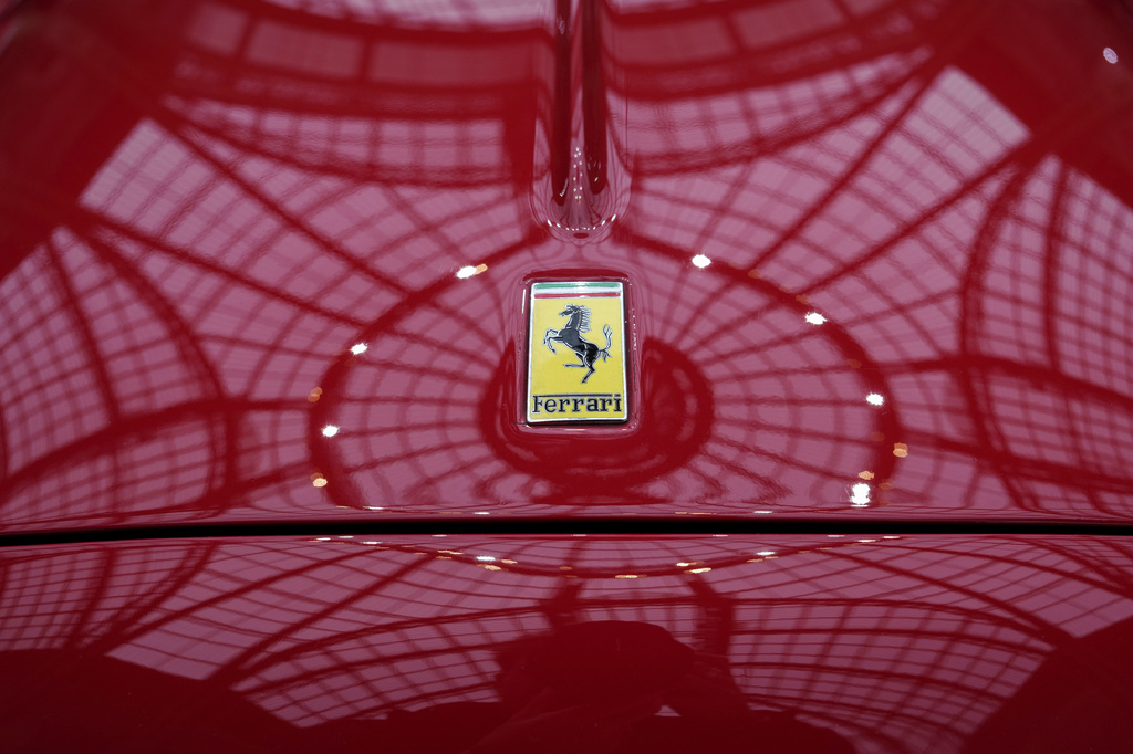 FILE - The Ferrari logo is photographed on a 1950 Oldsmobile Ferrari 166 MM Touring Barchetta displayed at the Grand Palais in Paris, Tuesday, Feb. 4, 2025. (AP Photo/Aurelien Morissard, File)