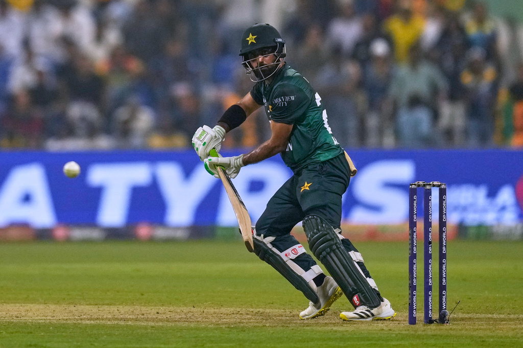 Pakistan's Hussain Talat plays a shot during the Asia Cup cricket match between Pakistan and Sri Lanka at Zayed Cricket Stadium in Abu Dhabi, United Arab Emirates, Tuesday, Sept. 23, 2025. (AP Photo/Altaf Qadri)