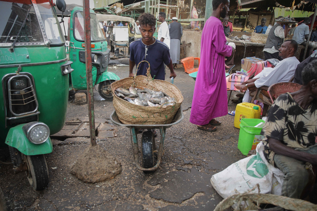 A fish vendor pushes a trolley at a fish market, in Khartoum, Sudan, Tuesday, Sept. 8, 2026. (AP Photo/Marwan Ali)