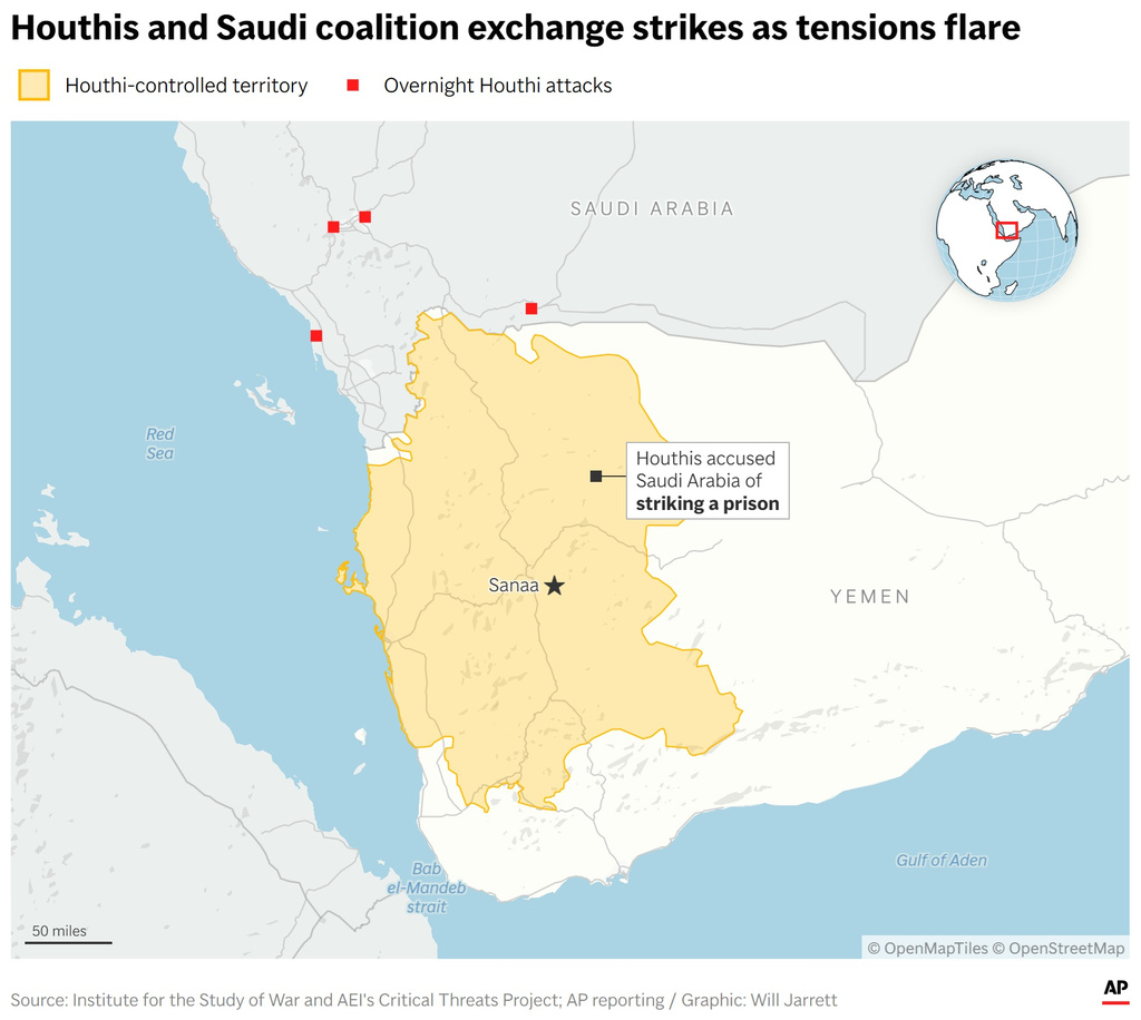 A map showing strikes in Saudi Arabia and Yemen. (AP Digital Embed)