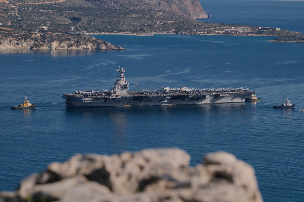 FILE - The USS Gerald R. Ford departs from Souda Naval Base near Chania on the island of Crete, Greece, Feb. 26, 2026. (AP Photo/Giannis Angelakis, File)