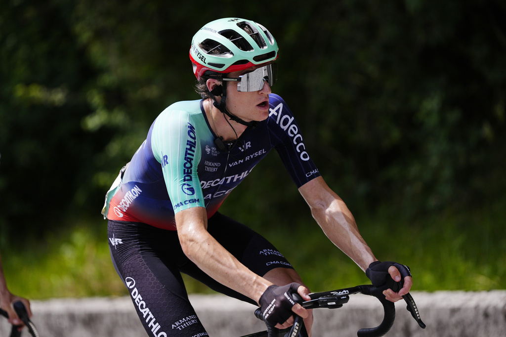 Austria's Felix Gall of Decathlon CMA CGM Team during the 20th stage of the Giro d'Italia cycling race from Gemona del Friuli to Piancavallo, Italy, Saturday May 30, 2026. (Fabio Ferrari/LaPresse via AP)