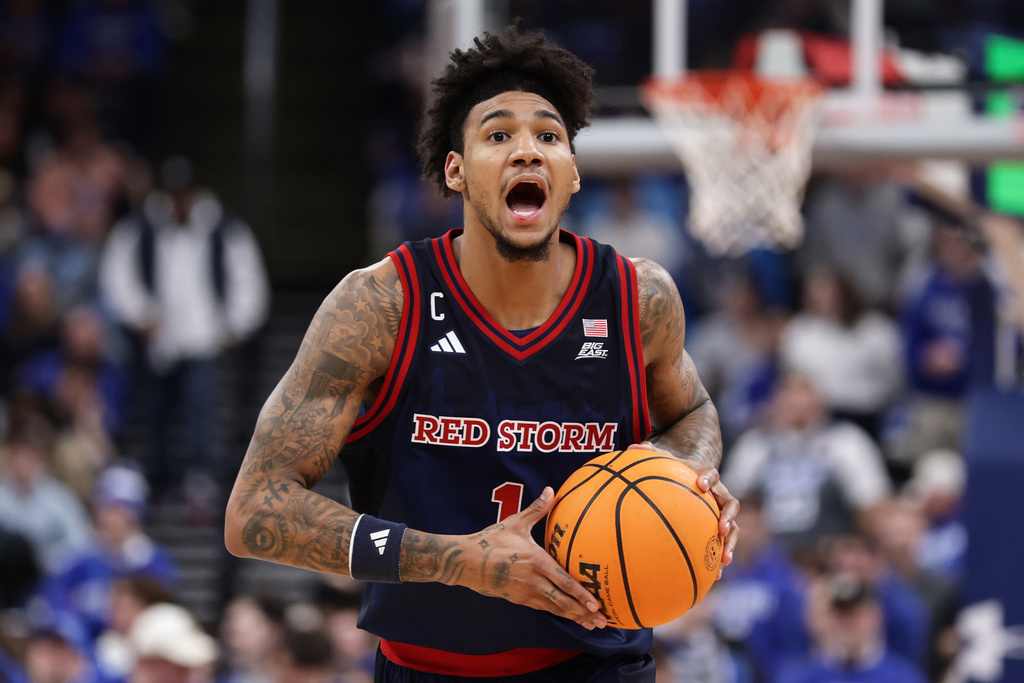St. John's forward Dillon Mitchell reacts during the first half of an NCAA college basketball game against Seton Hall, Friday, March 6, 2026, in Newark, N.J. (AP Photo/Adam Hunger)