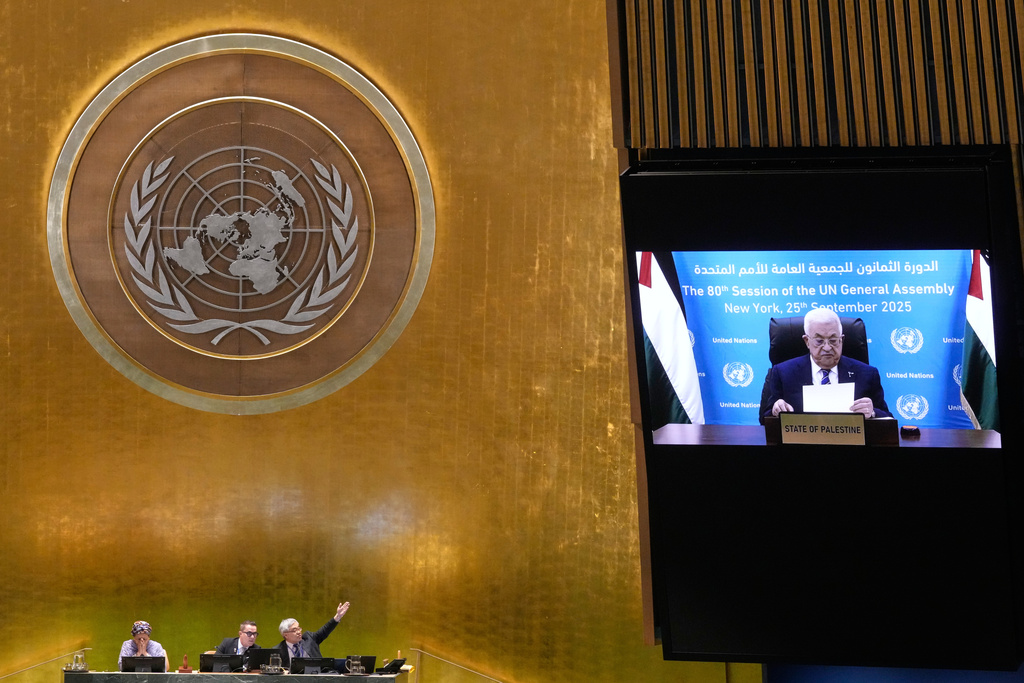 Palestine President Mahmoud Abbas addresses the 80th session of the United Nations General Assembly via video, Thursday, Sept. 25, 2025. (AP Photo/Richard Drew)