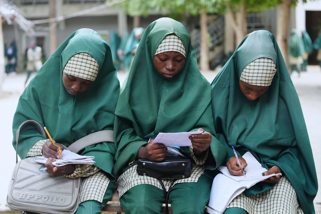 Students of the Future Prowess Islamic Foundation School study for there exams in Maiduguri, Nigeria, Thursday, July 24, 2025. (AP Photo/Sunday Alamba)