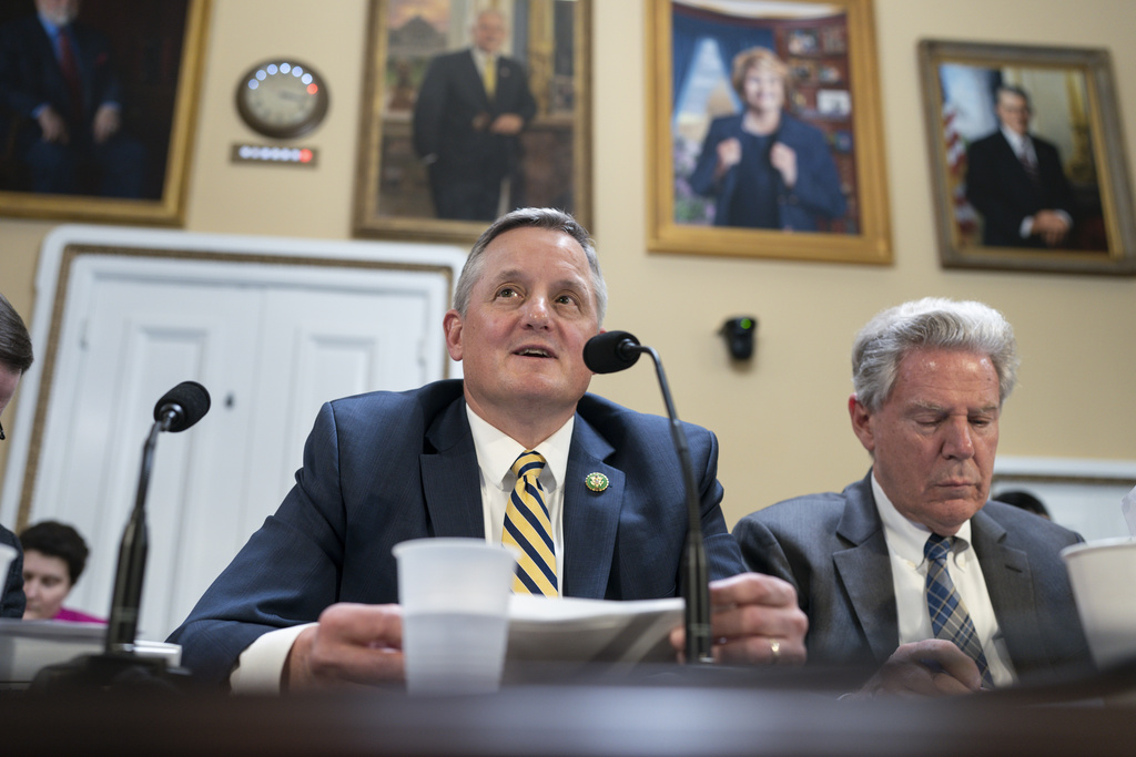 FILE - Rep. Bruce Westerman, R-Ark., center, chairman of the House Committee on Natural Resources, joined at right by Rep. Frank Pallone, D-N.J., the House Energy Committee ranking member, delivers remarks as the House Rules Committee prepares the GOP signature energy package, the "Lower Energy Costs Act," for action on the floor, at the Capitol in Washington, Monday, March 27, 2023. (AP Photo/J. Scott Applewhite, File)