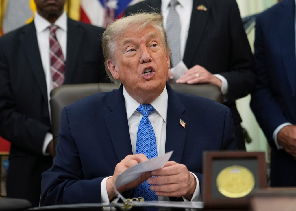 President Donald Trump speaks in the Oval Office of the White House, Friday, June 26, 2026, in Washington. (AP Photo/Julia Demaree Nikhinson)