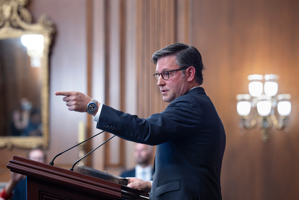 Speaker of the House Mike Johnson, R-La., holds a news conference to mark the seventh day of the government shutdown, at the Capitol in Washington, Tuesday, Oct. 7, 2025. (AP Photo/J. Scott Applewhite)