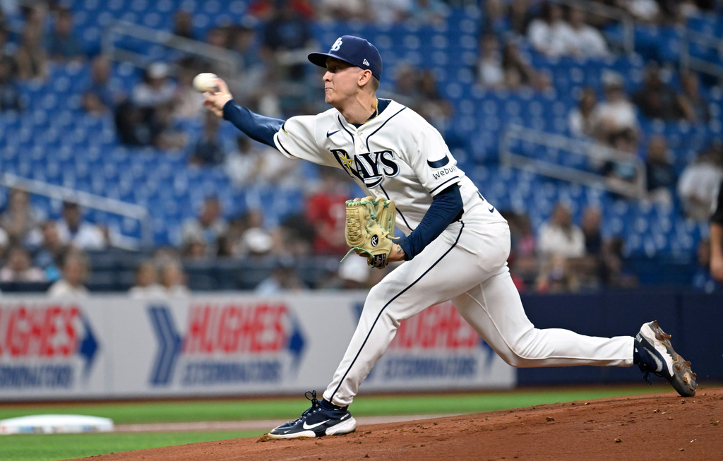 Tampa Bay Rays pitcher Casey Legumina throws during the first inning of a baseball game against the Texas Rangers Wednesday, July 29, 2026, in St. Petersburg, Fla. (AP Photo/Jason Behnken)