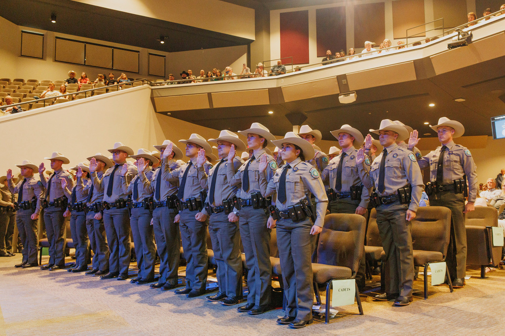 This photo provided by the Texas Parks and Wildlife Department shows new graduates during the 67th Texas Game Warden and State Park Police Officer Commissioning Ceremony on May 30, 2025, in Austin, Texas. (Sonja Sommerfeld/Texas Parks and Wildlife Department via AP)