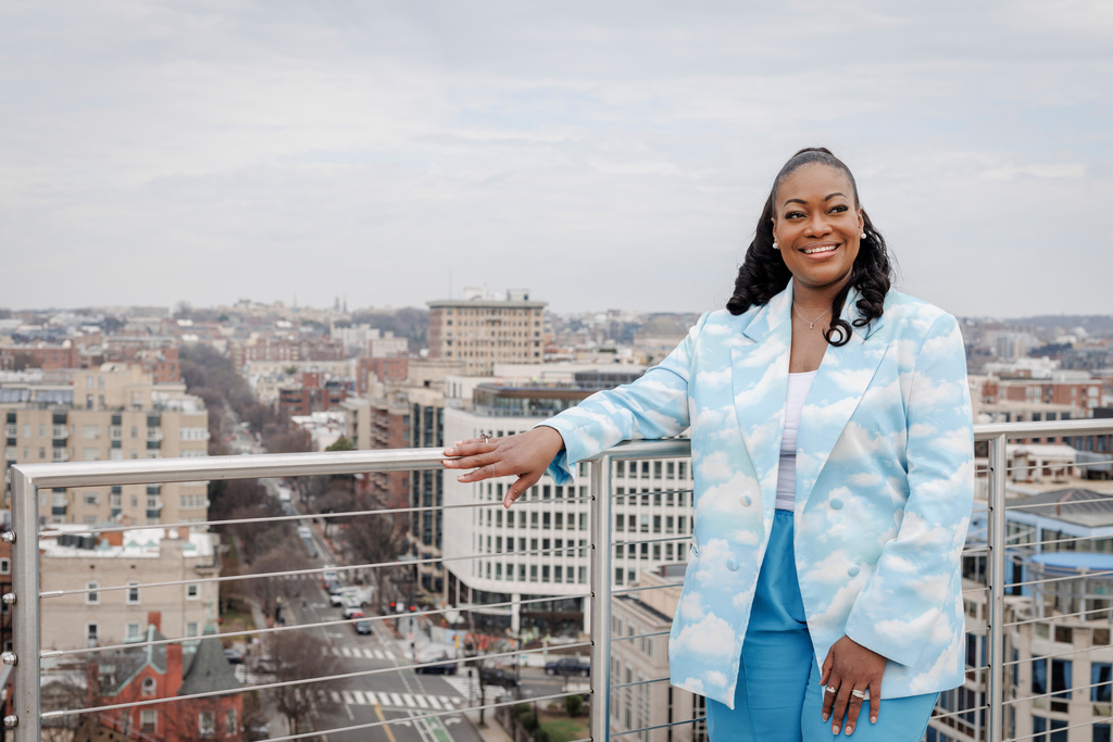 Michele Jawando, the next CEO of the Omidyar Network, poses for a photo at the company's office in Washington, Wednesday, March 11, 2026. (AP Photo/Moriah Ratner)