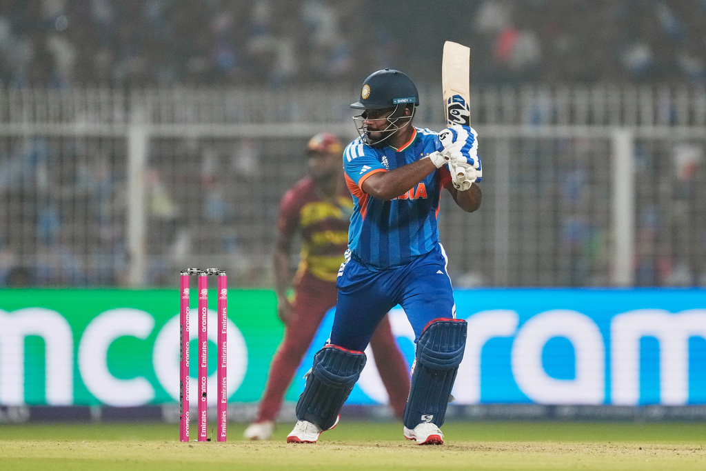 India's Sanju Samson plays a shot during the T20 World Cup cricket match between India and West Indies in Kolkata, India, Sunday, March 1, 2026. (AP Photo/Bikas Das)