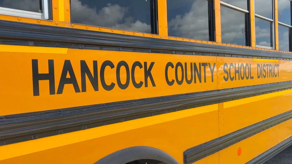 A Hancock County School District bus in Hancock County, Miss., on Thursday, April 23, 2026. (WLOX via AP)