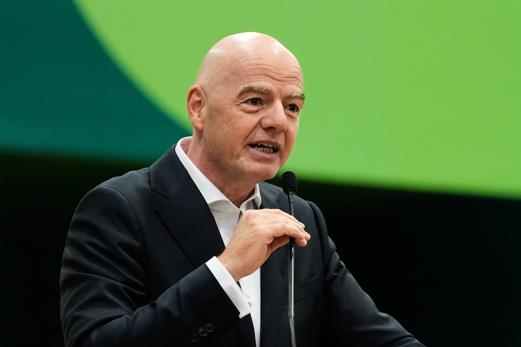 FIFA President Gianni Infantino makes comments during the opening ceremony of the International Broadcast Center, Monday, June 1, 2026, in Dallas. (AP Photo/Tony Gutierrez)