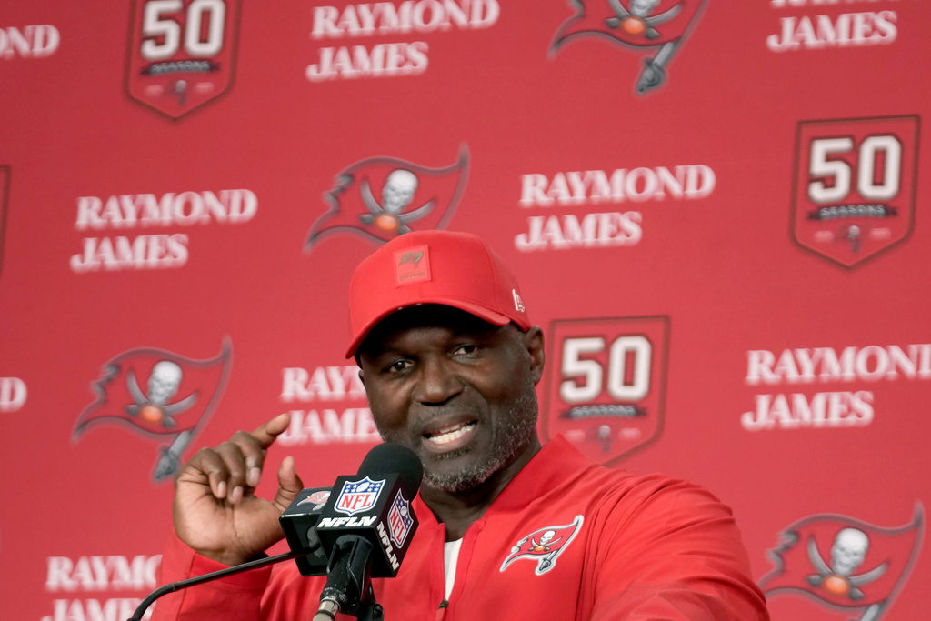 Tampa Bay Buccaneers head coach Todd Bowles answers a question during a news conference after an NFL football game against the Arizona Cardinals Sunday, Nov. 30, 2025, in Tampa, Fla. (AP Photo/Chris O'Meara)