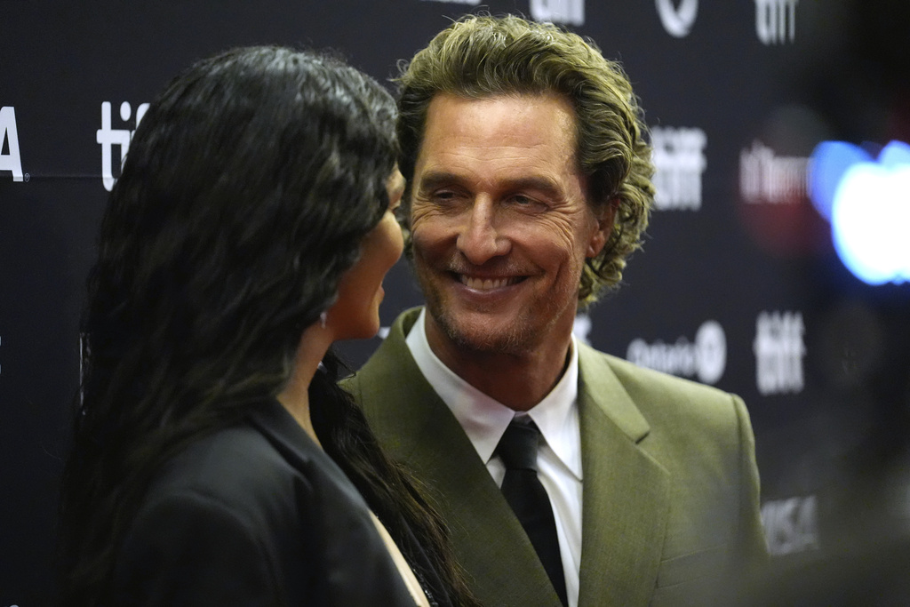 Camila Alves, left, and Matthew McConaughey attend the premiere of "The Lost Bus" at the Princess of Wales Theatre during the Toronto International Film Festival on Friday, Sept. 5, 2025, in Toronto. (AP Photo/Chris Pizzello)